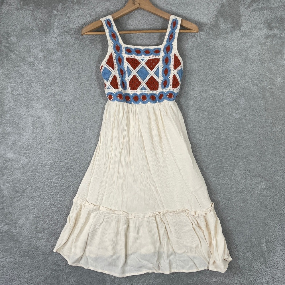 2 Hip Crochet Bodice Midi Dress Womens Large Cream Boho Gauze Tiered Ruffle